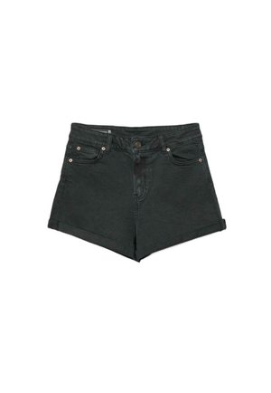 Sorte denimshorts med opsmøg, frontlukning med knap og lynlås samt fem-lommer-design.