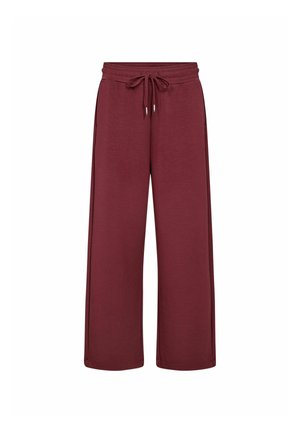 Burgundy wide-leg trousers made from soft fabric; features an elastic waistband with a drawstring and side pockets.