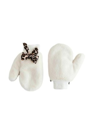 Mittens bianchi e fluffy con un accento di fiocco a stampa leopardata e polsini a coste. La texture è morbida, garantendo calore e comfort.