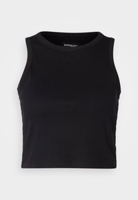 Black crop top tank, ribbed texture, round neckline, sleeveless design, and understated stitching detail around the armholes and hem.