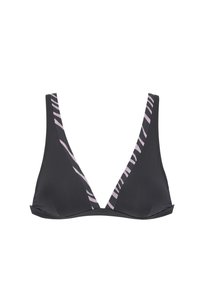 Zwarte driehoekige bikini-top met roze gestreepte accenten op de banden. Gemaakt van soepel stof en heeft een diepe V-halsontwerp.