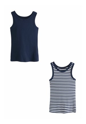 Two tank tops: one solid navy, the other navy and white striped. Both have wide shoulder straps and a smooth, fitted texture.