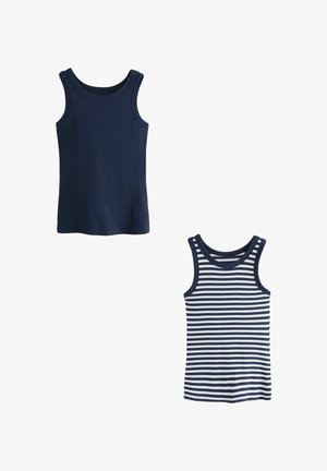 Zwei Tanktops: eines einfarbig navy, das andere navy mit weißen Streifen. Beide haben breite Schulterträger und eine glatte, enganliegende Textur.