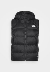 Zwarte donzen bodywarmer met capuchon, voorzien van een ritssluiting aan de voorkant, zijzakken en een logo aan de bovenkant van de linkerkant. Glad en lichtgewicht materiaal.