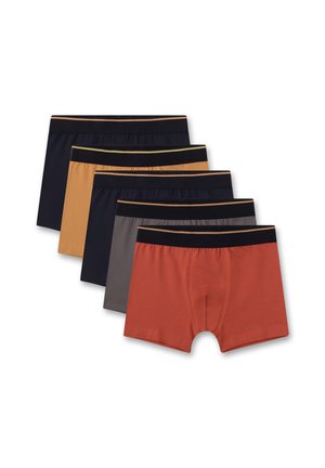 Fünf Paar Herren-Boxershorts in den Farben: Marineblau, Senfgelb, Grau und Rot. Aus einem Baumwollmischmaterial, mit elastischen Taillenbündchen in kontrastierenden Farben.