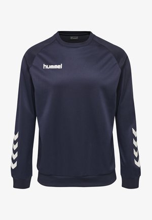Marineblaues Sweatshirt aus glattem Stoff, mit langen Ärmeln, einem Rundhalsausschnitt, weißem Logo auf der Brust und weißen Chevron-Akzenten an den Ärmeln.