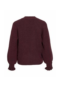 Maglione lavorato a maglia bordeaux con texture a costine, maniche a palloncino e polsini arricciati. Presenta un classico scollo rotondo e una vestibilità morbida.