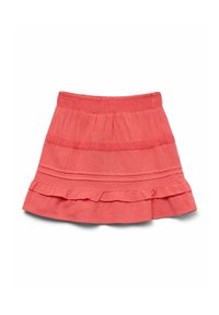 Koralfarvet nederdel lavet af let materiale, med en smocket talje, lagdelte flæser og vandrette dekorative bånd.