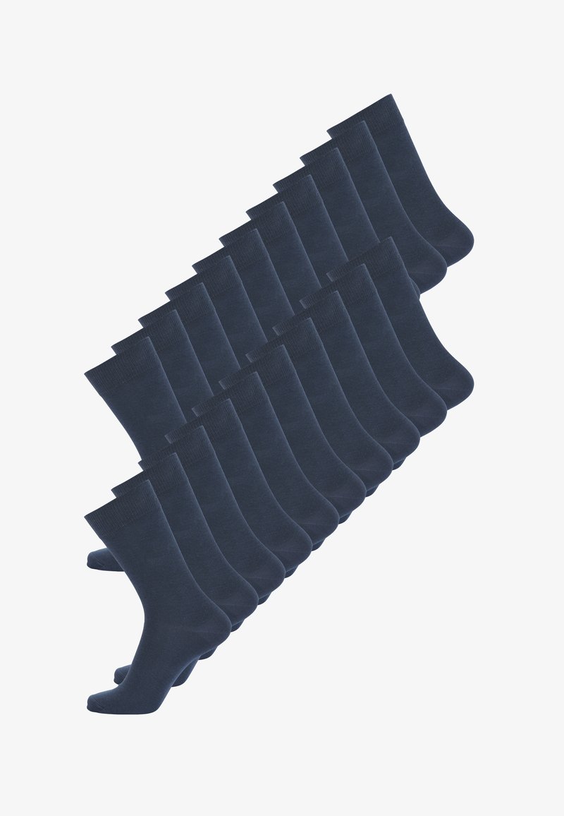 Mørkeblå bomuldsstrømper med en glat struktur, ribbede kanter og en standard crew længde, præsenteret i et gentaget mønster.