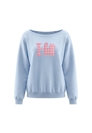 Lyseblå sweatshirt med pink ternet tekst og former, der danner et hjerte, samt en katte-silhuet foran.