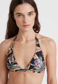 Kolmio biksu yläosa mustana, jossa on kirkas kukkakuosi. Valmistettu joustavasta materiaalista, jossa on kaula-aukko ja syvä dekoltee.