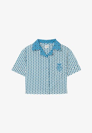 Camisa de manga corta en blanco y azul, con un patrón floral, un cierre de botones en la parte delantera y un bolsillo en el pecho con bordado del logo.