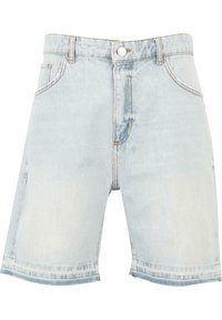 Vaaleansiniset denim-shortsit, joissa on korkea vyötärö, viisi taskua ja repaleinen helma. Kankaassa on pehmeä rakenne ja kulunut pinta.