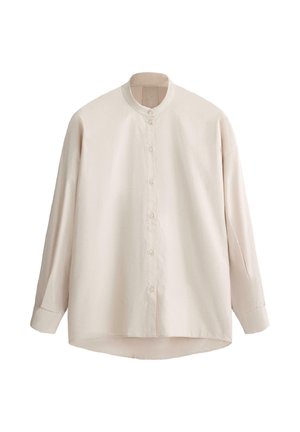 Beige long-sleeve button-up shirt with a mandarin collar and cuffed sleeves, displayed on a white background.