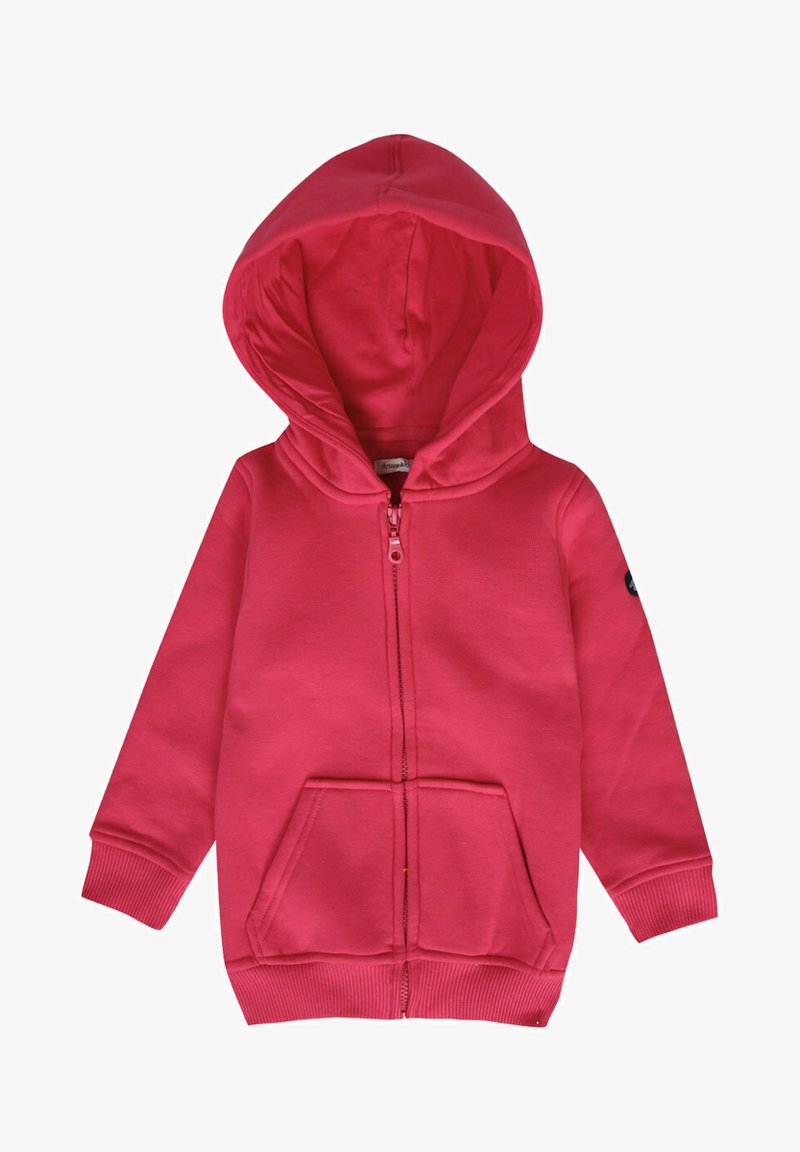 Haut à capuche zippé rouge avec une texture douce, poches avant, poignets côtelés et une capuche avec cordon. Présente un logo sur la manche gauche.