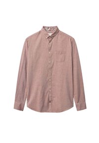 Camicia abbottonata in tessuto marrone chiaro con maniche lunghe, taschino singolo sul petto e dettaglio del colletto a fantasia. Vestibilità classica, tessuto cangiante.