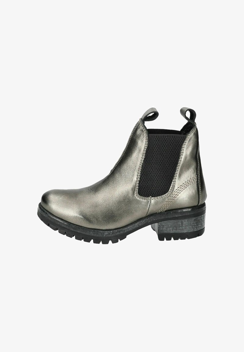 Stivaletto Chelsea in argento metallico con pannelli laterali elasticizzati, pelle texturizzata, tacco corto a blocco e suola in gomma. Presenta linguette per una facile calzata.