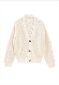 Beżowy dziany kardigan z dekoltem w serek, zapinany na guziki, z prążkowanym dołem. Posiada teksturowany wzór oraz długie, lekko bufiaste rękawy.