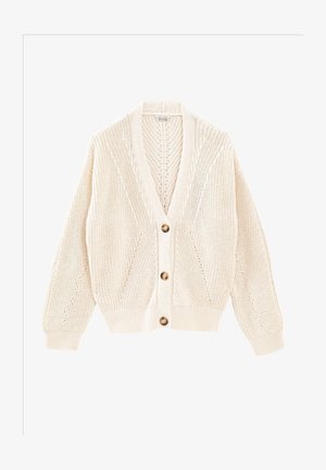 Beige gebreid vest met een V-hals, knoopsluiting en geribbelde zoom. Heeft een gestructureerd patroon en lange, licht opgeblazen mouwen.