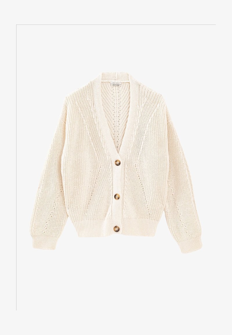 Beżowy dziany kardigan z dekoltem w serek, zapinany na guziki, z prążkowanym dołem. Posiada teksturowany wzór oraz długie, lekko bufiaste rękawy.