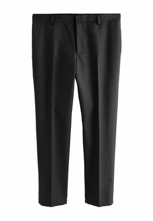 Fekete nadrág diszkrét gyémántmintával, slim fit fazonnal, egyenes szárakkal és sima felülettel. Klasszikus derékpánt övhurkokkal.