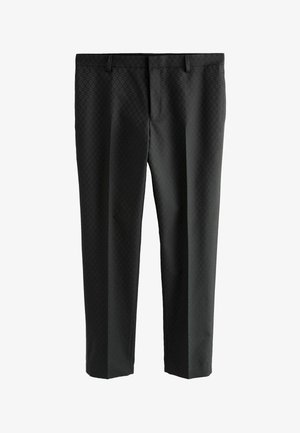 Mustad mustad, diskreetse ruudumustriga, kitsas lõige, sirged säärted ja sile tekstuur. Klassikaline vöökohaga, vöölauad.