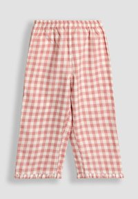 Růžové a bílé kostkované kalhoty vyrobené z měkké látky, s elastickým pasem a volánkovým lemem na kotnících.