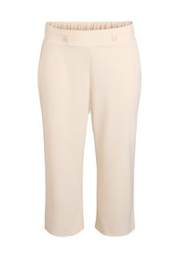 Beige, geknipte broeken met een zachte elastische tailleband, twee knoopaccenten en een gladde textuur. Rechtermode met een nette afwerking.
