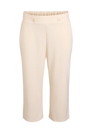 Pantaloni beige alla caviglia con una morbida cintura elastica, due dettagli con bottoni e una texture liscia. Design a gamba dritta con un finitura pulita.