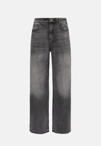 Τζιν με ψηλή μέση και φαρδιά πατζάκια σε ξεθωριασμένο μαύρο τζιν, με μπροστινές τσέπες, κούμπωμα με κουμπί και ακατέργαστο τελείωμα.