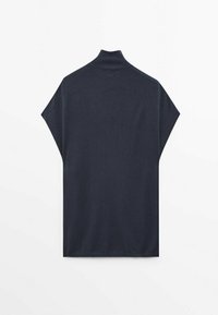 Dunkelblaues ärmelloses Sweatshirt mit hohem, geripptem Stehkragen, gerader Schnitt und lockerer Passform, auf einem weißen Hintergrund flach ausgelegt.