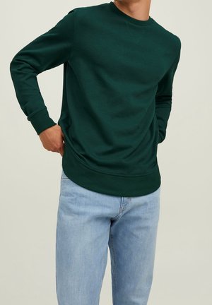 Mand iført mørkegrøn crewneck langærmet sweatshirt og lyseblå jeans, stående med hænderne nær lommerne mod en ensfarvet baggrund.