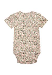 Bodysuit mit floralem Muster in Creme, mit rosa und grünen Blumen, Rundhalsausschnitt und Druckknopfverschluss am Boden.
