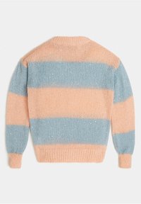 Maglione lavorato a maglia con una vestibilità ampia, caratterizzato da strisce orizzontali in pesca e azzurro chiaro, colletto rotondo e polsini e fondo a coste.