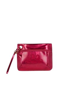 Pochette metallica rosa con logo a sole testurizzato, tasca con zip e tracolla staccabile. Finitura liscia con un design elegante.