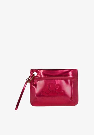 Pochette metallica rosa con logo a sole testurizzato, tasca con zip e tracolla staccabile. Finitura liscia con un design elegante.