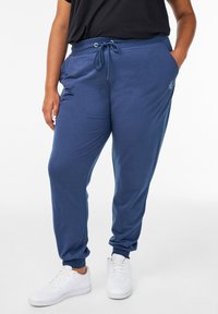 Blue cotton joggers with elastic waistband, drawstring, and side pockets. Paired with white sneakers, featuring cuffed ankles.