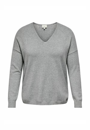 Světle šedý pletený pulovr s véčkovým výstřihem, dlouhými rukávy, žebrovanými manžetami a volným střihem. Hladká textura, minimalistický design.