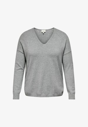 Svetlo sivi pleteni pulover z V-izrezom, dolgimi rokavi, rebrastimi manšetami in sproščenim krojem. Gladek tekstura, minimalističen dizajn.