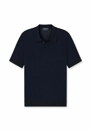 Dunkel marineblaues kurzärmeliges Poloshirt mit klassischem Kragen und kleinem V-Ausschnitt, vor weißem Hintergrund dargestellt.