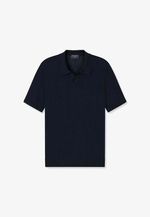 Dark navy blue short-sleeve polo shirt with a classic collar and a small V-neck opening, shown against a white background.