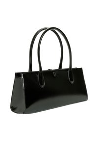 Borsa a tracolla in vernice nera con una forma rettangolare elegante, due manici lunghi e un design minimalista. Presenta un piccolo accento sul davanti.