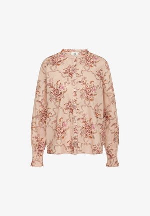 Bluză de culoare roz deschis, cu mâneci lungi, imprimeu floral în nuanțe de roșu și roz, cu închidere prin nasturi, guler tip mandarin, mâneci cu dogi și fabricată din bumbac moale.