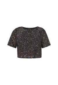 Zwarte crop top met een gestructureerd oppervlak, versierd met meerkleurige pailletten, korte mouwen en een ronde halslijn.