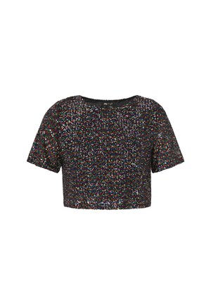 Melnā īsā tops ar strukturētu virsmu, kas dekorēta ar daudzkrāsainām pērlītēm, īsām piedurknēm un apaļu kakla izgriezumu.