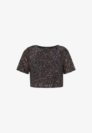 Juodas trumpas topas su tekstūruotu paviršiumi, dekoruotas daugiaspalvėmis blizgučiais, trumpomis rankovėmis ir apvalia iškirpte.