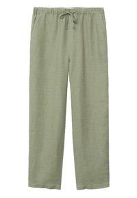 Jasnozielone, luźne spodnie wykonane z teksturowanej tkaniny; posiadają elastyczny pas z sznurkiem i szerokie nogawki.