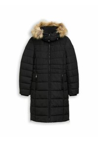 Zwarte pufferjas met een afneembare capuchon en nepbontafwerking. Kenmerken zijn een gestikte textuur, een ritssluiting aan de voorkant en twee zijzakken.