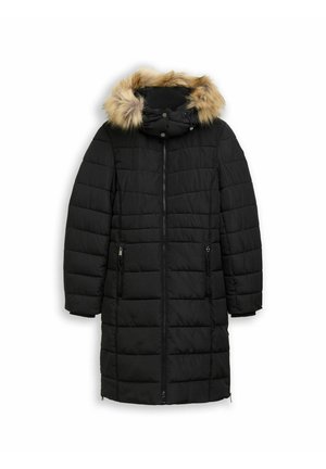 Schwarzer Puffer-Mantel mit abnehmbarem Kapuze und Kunstfellbesatz. Merkmale sind die gesteppten Texturen, der Frontreißverschluss und zwei Seitentaschen.