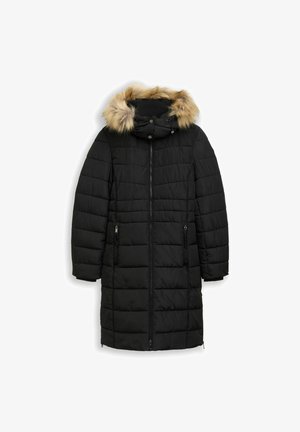 Black puffer coat with a detachable hood and faux fur trim. Features include quilted texture, front zipper, and two side pockets.